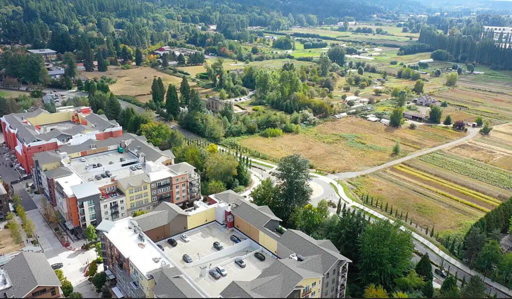 Aerial view of luxury apartment complexes in the Woodinville valley near the Sammamish River.