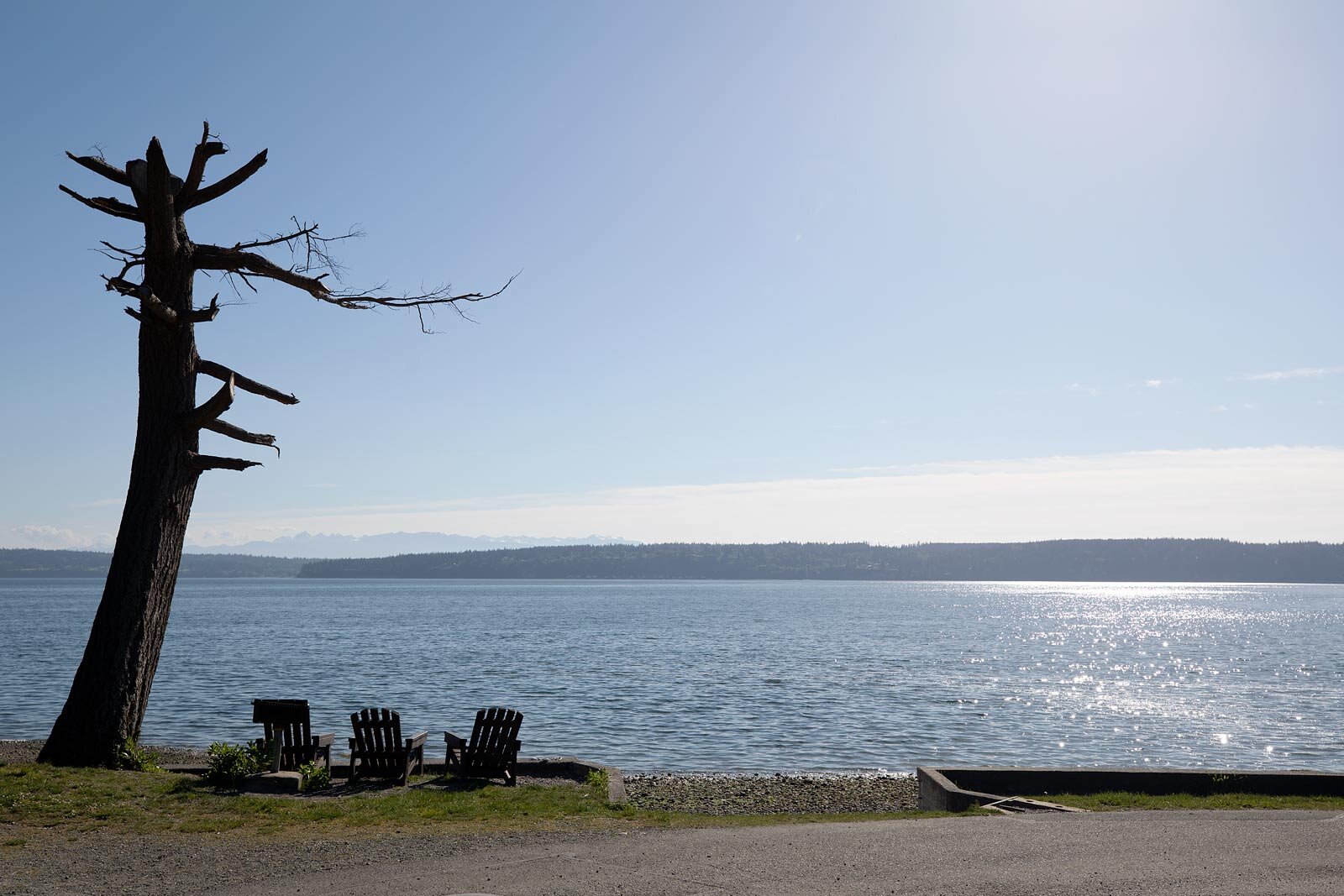 Camano Island beach with a view of the puget sound and Whidbey Island
