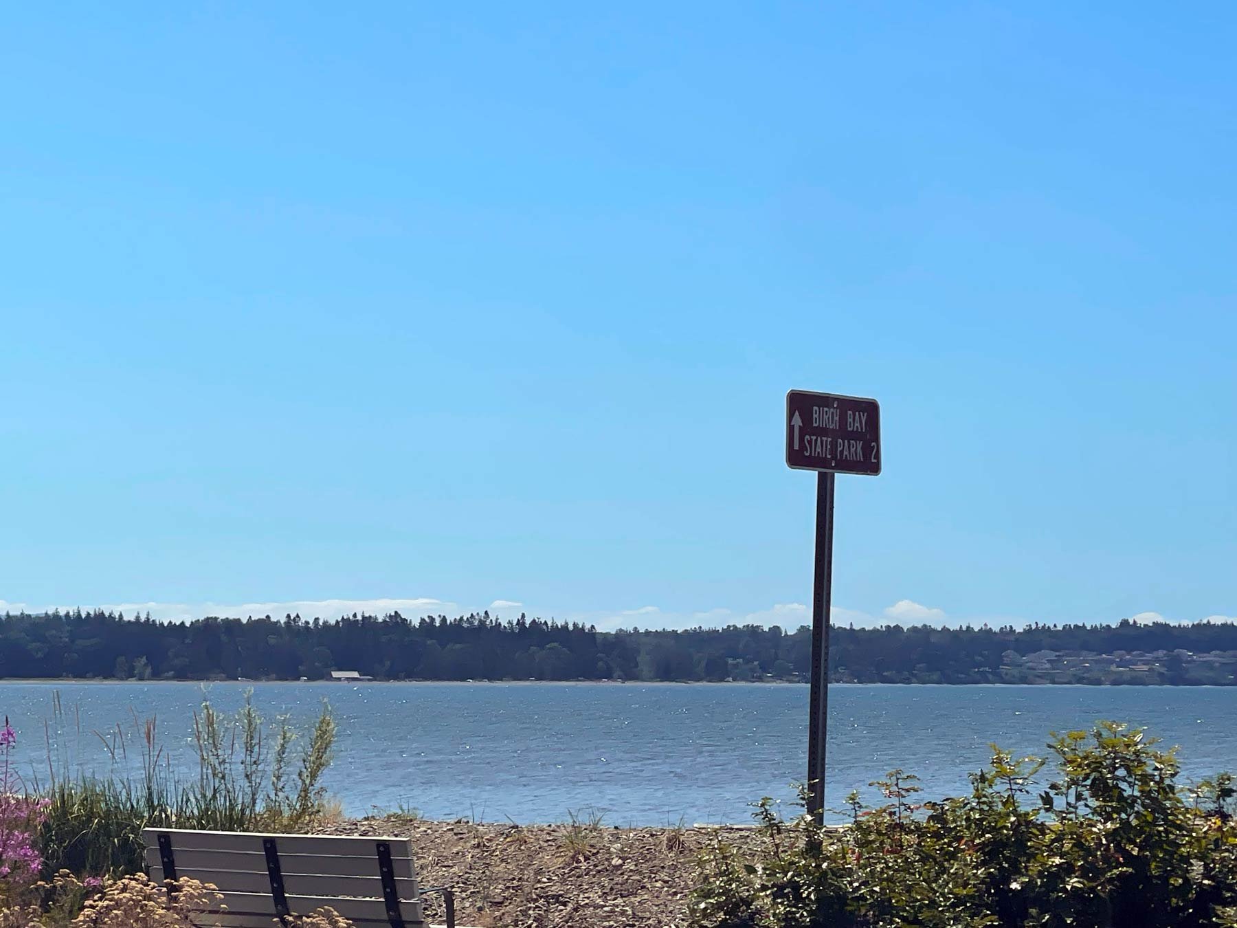 Birch-Bay-State-park-sign-with-bench-and-view-of-Birch-bay.
