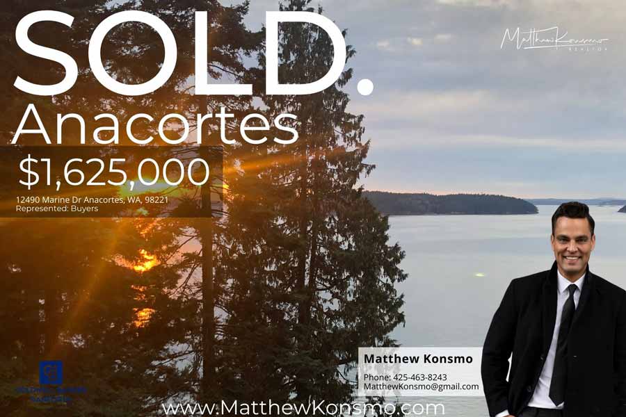 Sold marketing graphic for an Anacortes waterfront home at 12490 Marine Dr, Anacortes WA 98221 — sunset view through evergreens over San Juan Islands waters, sold at $1,625,000 with buyer representation by Matthew Konsmo, broker with Coldwell Banker Danforth.