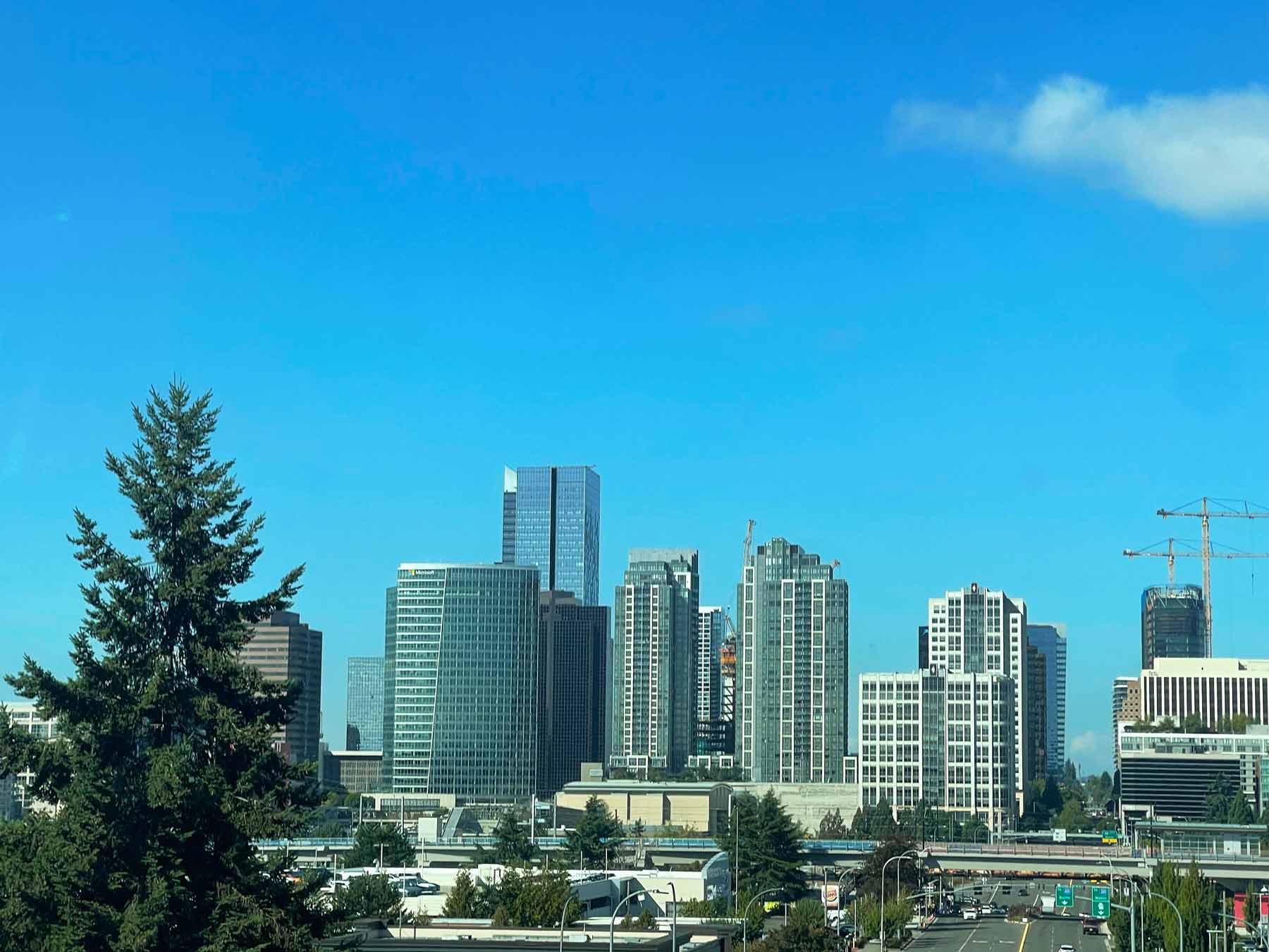 Living in Wilburton, Bellevue: 2026 Neighborhood & Real Estate Guide 1 Wide panoramic view of the downtown Bellevue, WA skyline on a sunny day with luxury high-rise residential and office towers, construction cranes, and evergreens in the foreground.