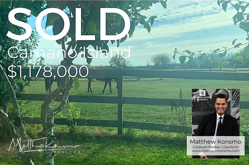 Sold marketing graphic for a Camano Island, WA equestrian property — fenced pasture with grazing horses, closed at $1,178,000 by Matthew Konsmo, Coldwell Banker Danforth.