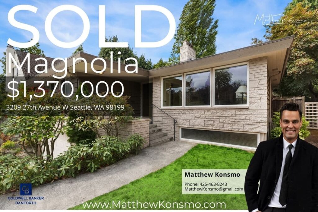 Sold marketing graphic for 3209 27th Avenue W, Seattle WA 98199 — a Magnolia mid-century stone rancher closed at $1,370,000 by Matthew Konsmo, Coldwell Banker Danforth.