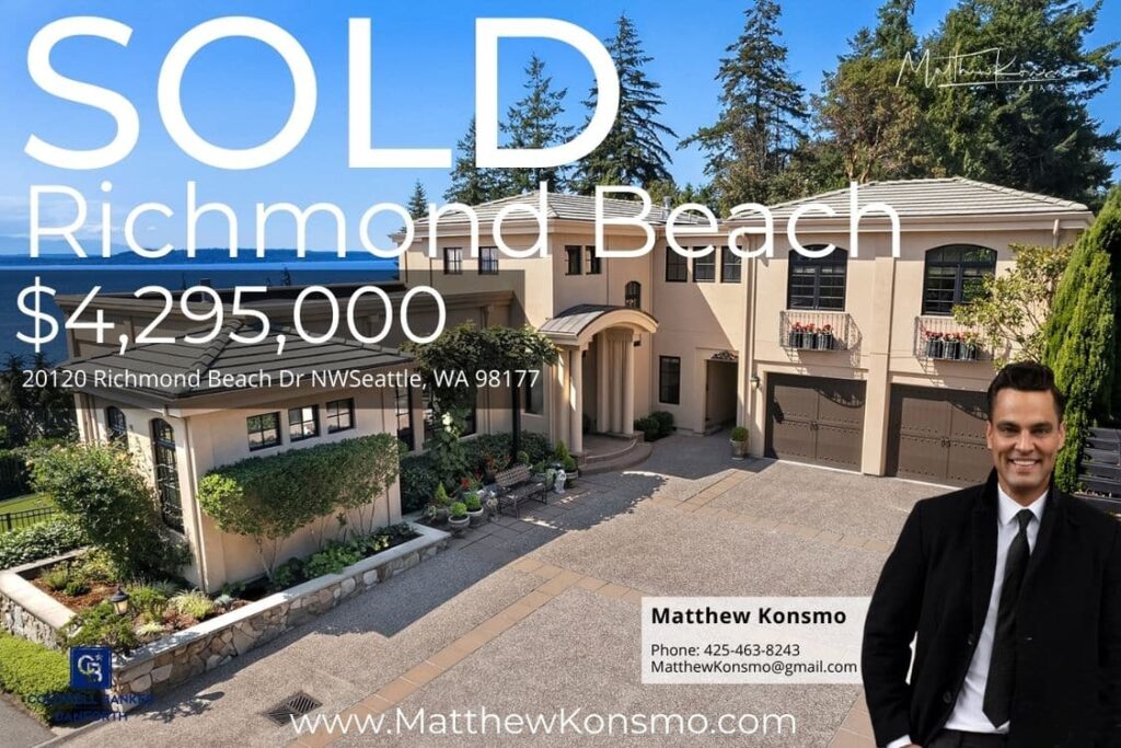Sold marketing graphic showing the front exterior of the Richmond Beach grand estate at 20120 Richmond Beach Dr NW, Seattle WA 98177 — three-car garage, mature landscaping, and Puget Sound water glimpse — closed at $4,295,000 by Matthew Konsmo, Coldwell Banker Danforth.