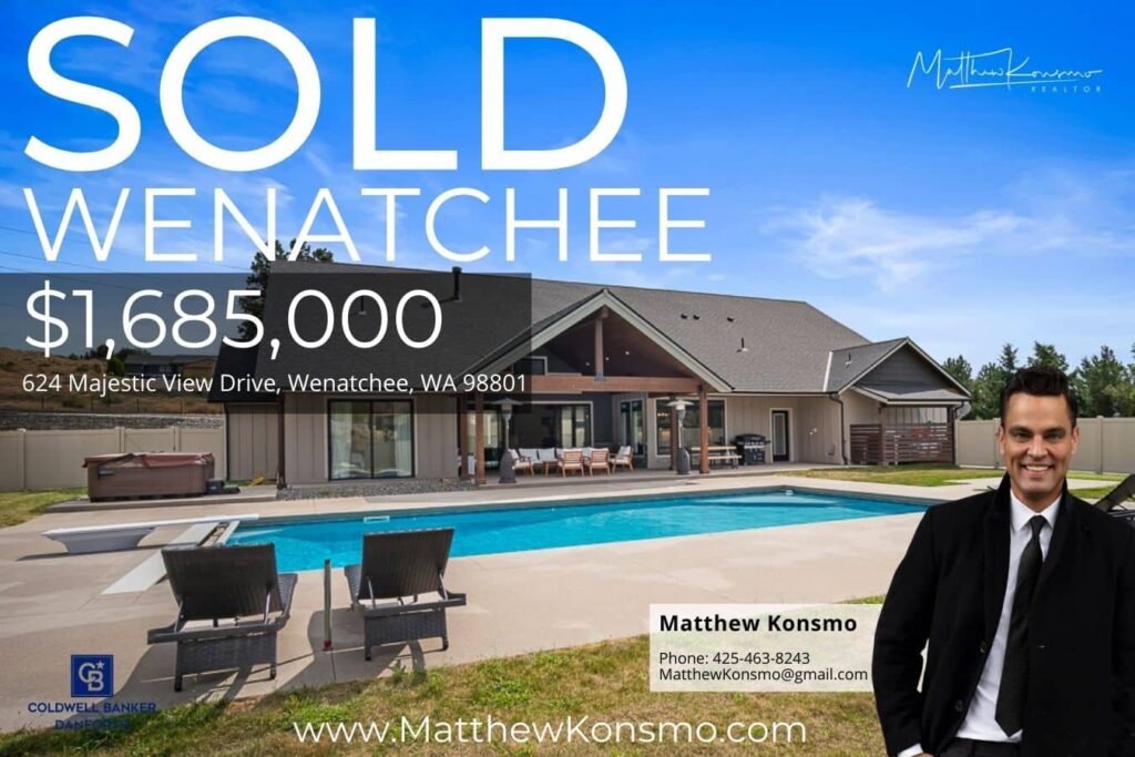 Sold marketing graphic for 624 Majestic View Drive, Wenatchee WA 98801 — modern pool estate with in-ground pool, hot tub, and covered patio that closed at $1,685,000 by Matthew Konsmo, Coldwell Banker Danforth.