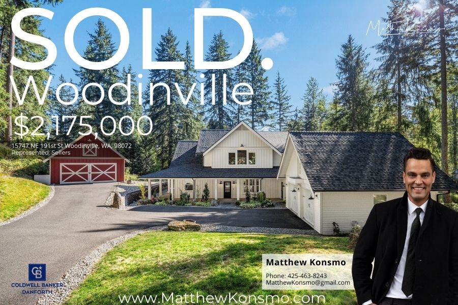Sold marketing graphic for 15747 NE 191st St, Woodinville WA 98072 — modern farmhouse with red barn that closed at $2,175,000, represented by Matthew Konsmo of Coldwell Banker Danforth.