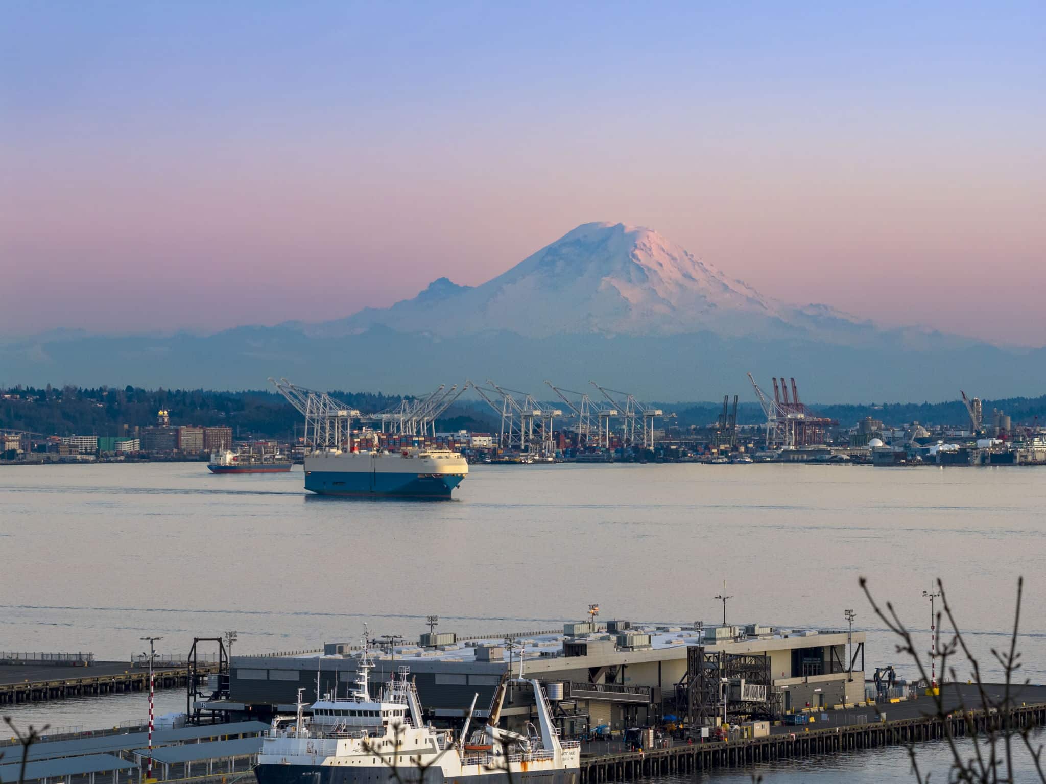 Elliott Bay and Mount Rainier sunset view from Magnolia Way in West Seattle, Washington — Puget Sound real estate