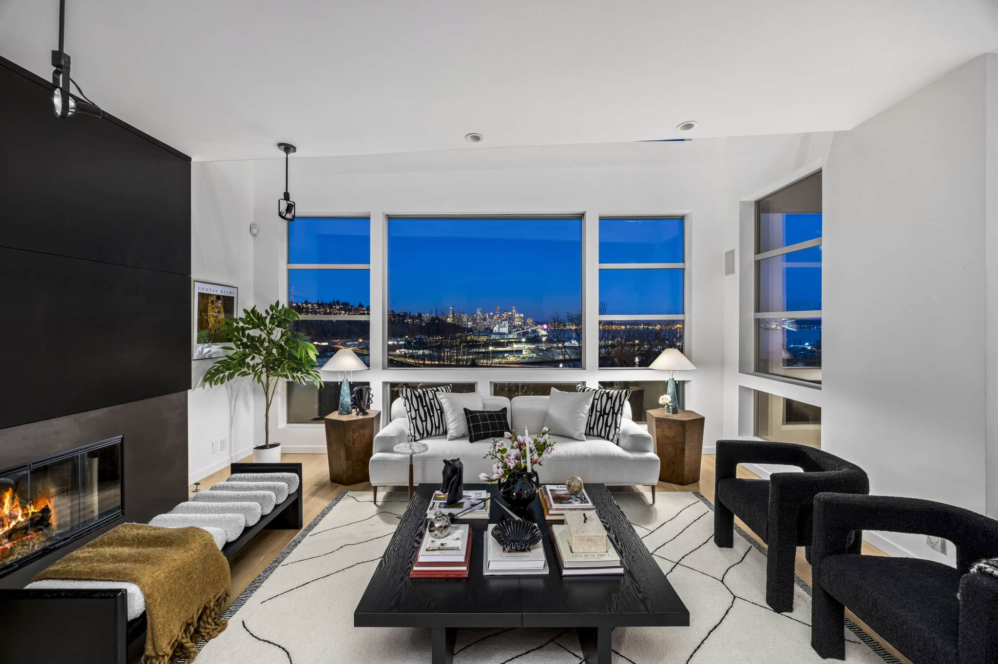 Puget Sound luxury home interior with panoramic Seattle skyline views