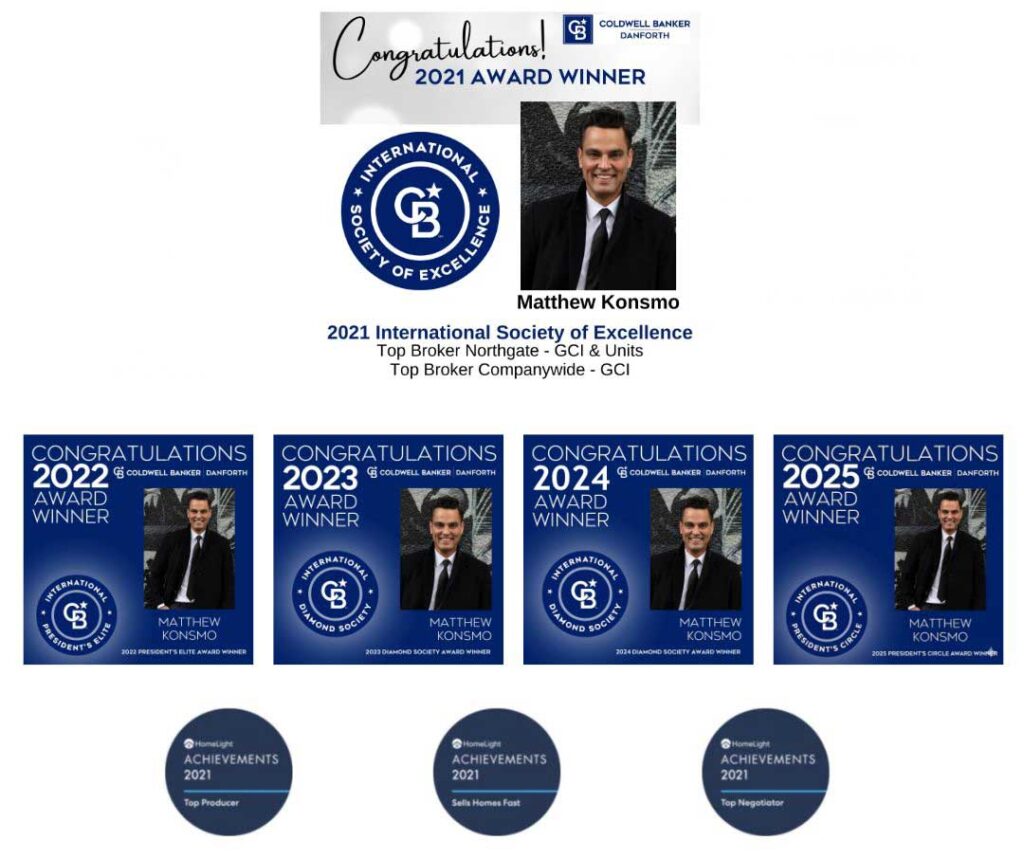 A collage of award graphics for Real Estate Broker Matthew Konsmo of Coldwell Banker Danforth, showcasing consecutive annual awards from 2021 to 2025, including the International Society of Excellence and President's Circle honors.