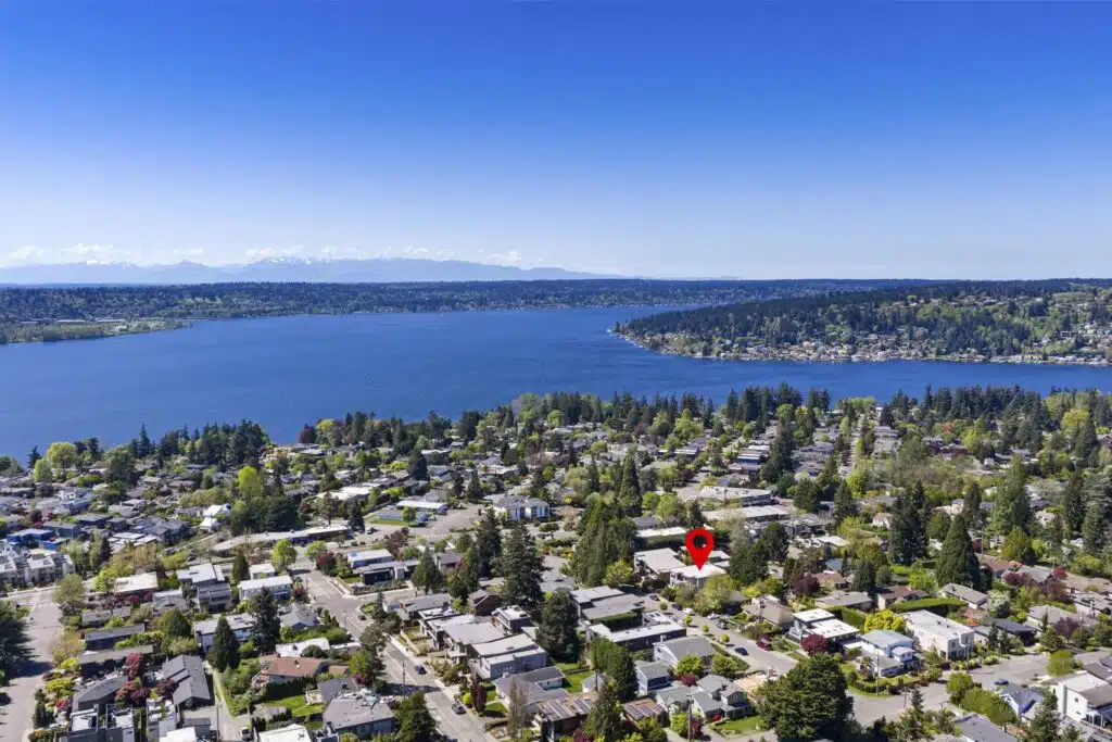 Aerial view highlighting the property's proximity to Lake Washington and the heart of Kirkland.