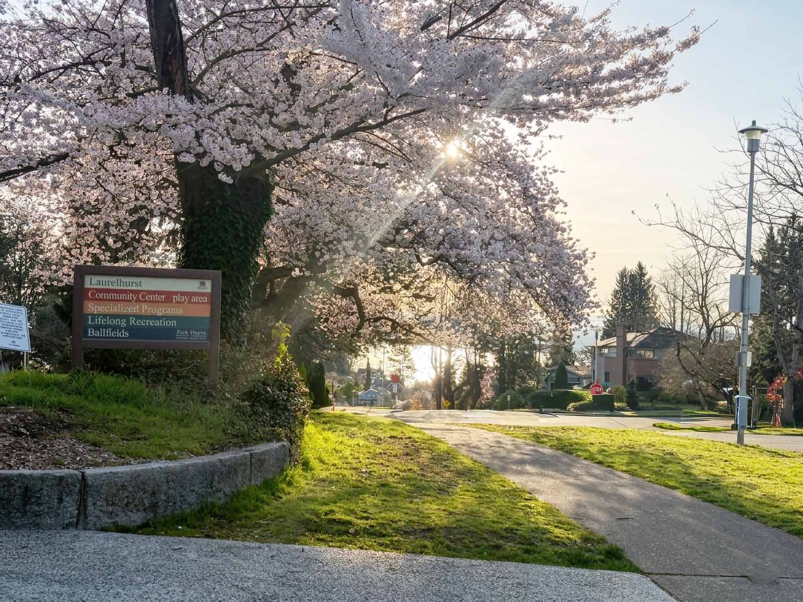 A sunny springtime view of the entrance to Laurelhurst Park in Seattle, featuring a massive cherry blossom tree in full pink bloom framing a paved walking path, with a neighborhood park sign on the left and residential homes in the background.