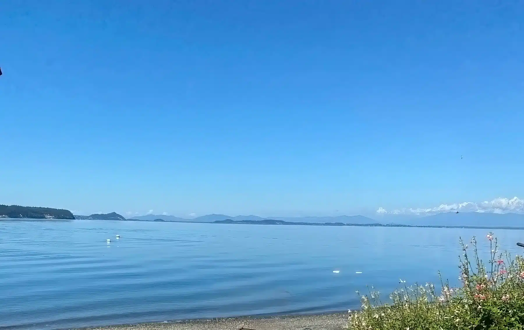 A serene waterfront view of the Puget Sound from Camano Island beach with mountains on the horizon, captured for real estate agent Matthew Konsmo.